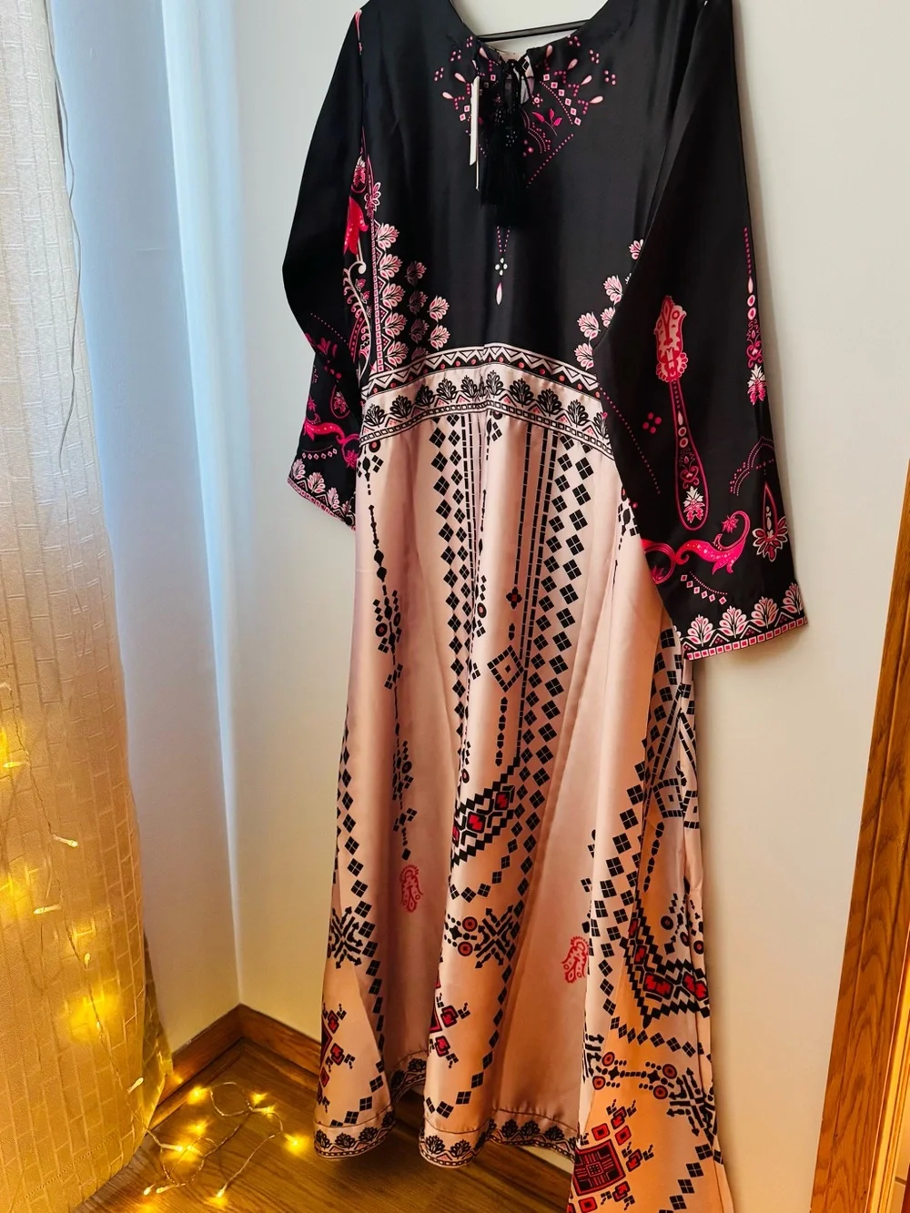 Charmeuse Black & Cream Maxi Dress with Pink Accents.